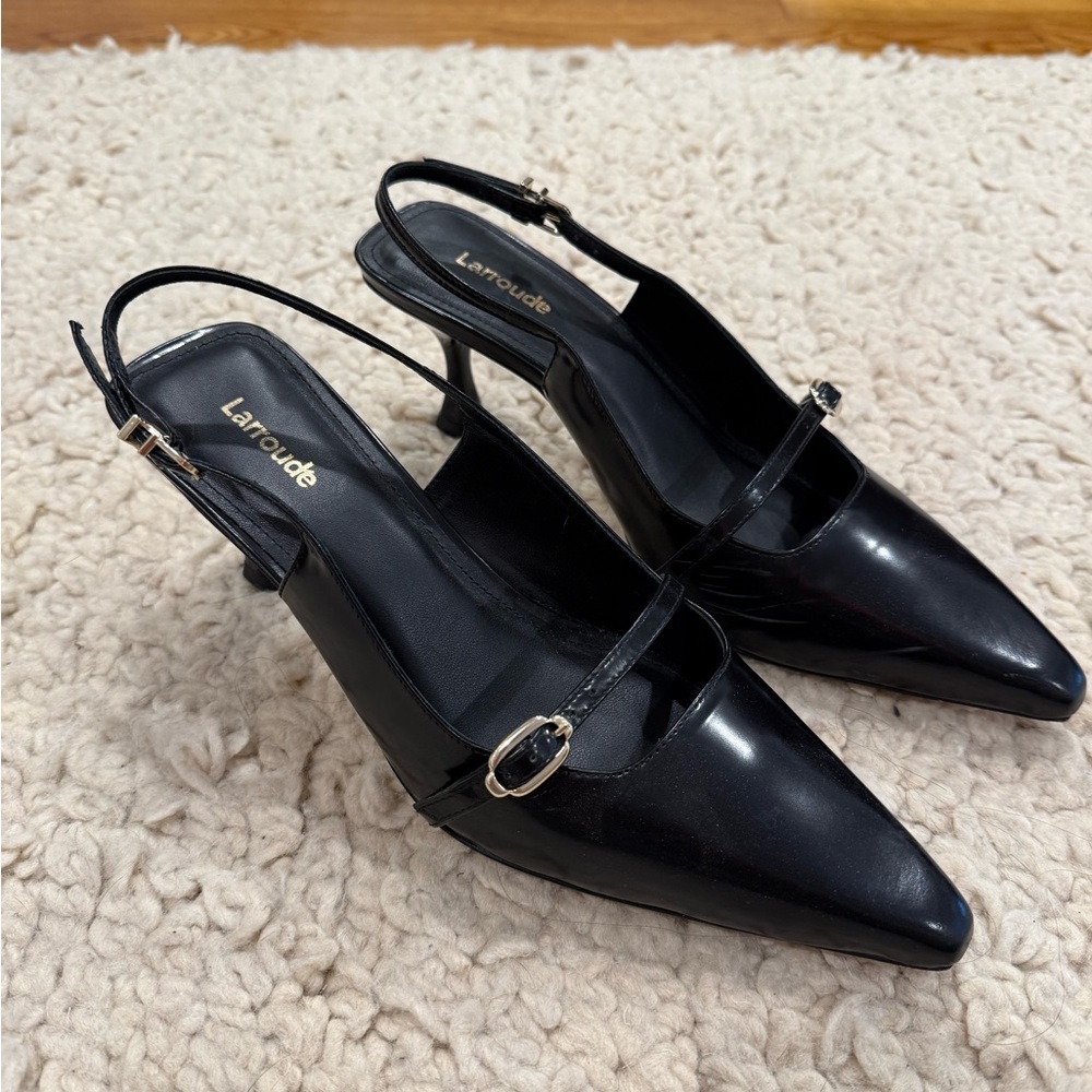Larroude Black Slingback Heels with Metal Buckle